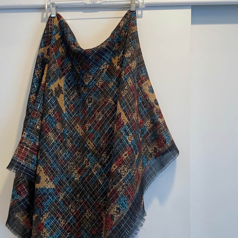 Luxury Geometric Pattern Scarf Shawl Wrap Wool Blend Metallic Threads